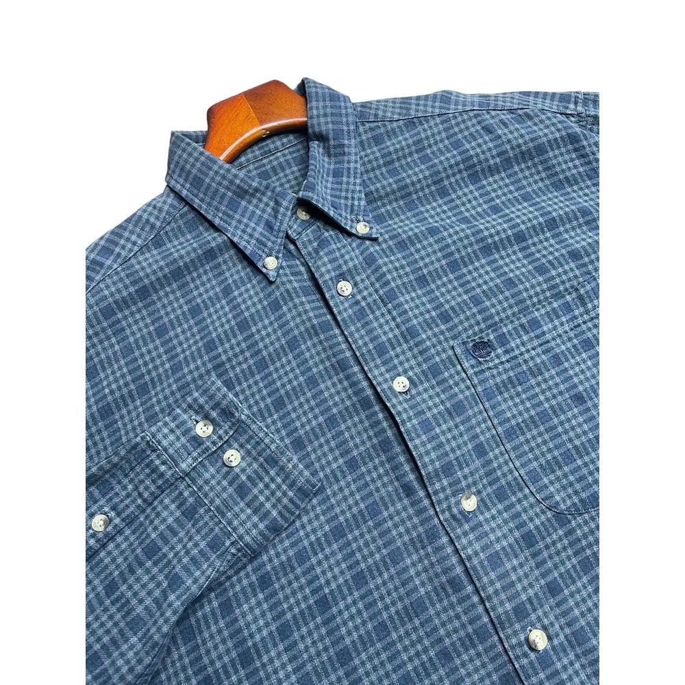 Timberland Men's Shirt M 100% Cotton Button down Plaid Washable Green Label Logo